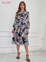 Elegant Polka Dot Print Long Sleeve Chiffon Midi Dress