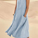 Sleeveless Loose Summer Dress Streetwear Solid V Neck Cotton & Linen Midi Dress Plus Sizes