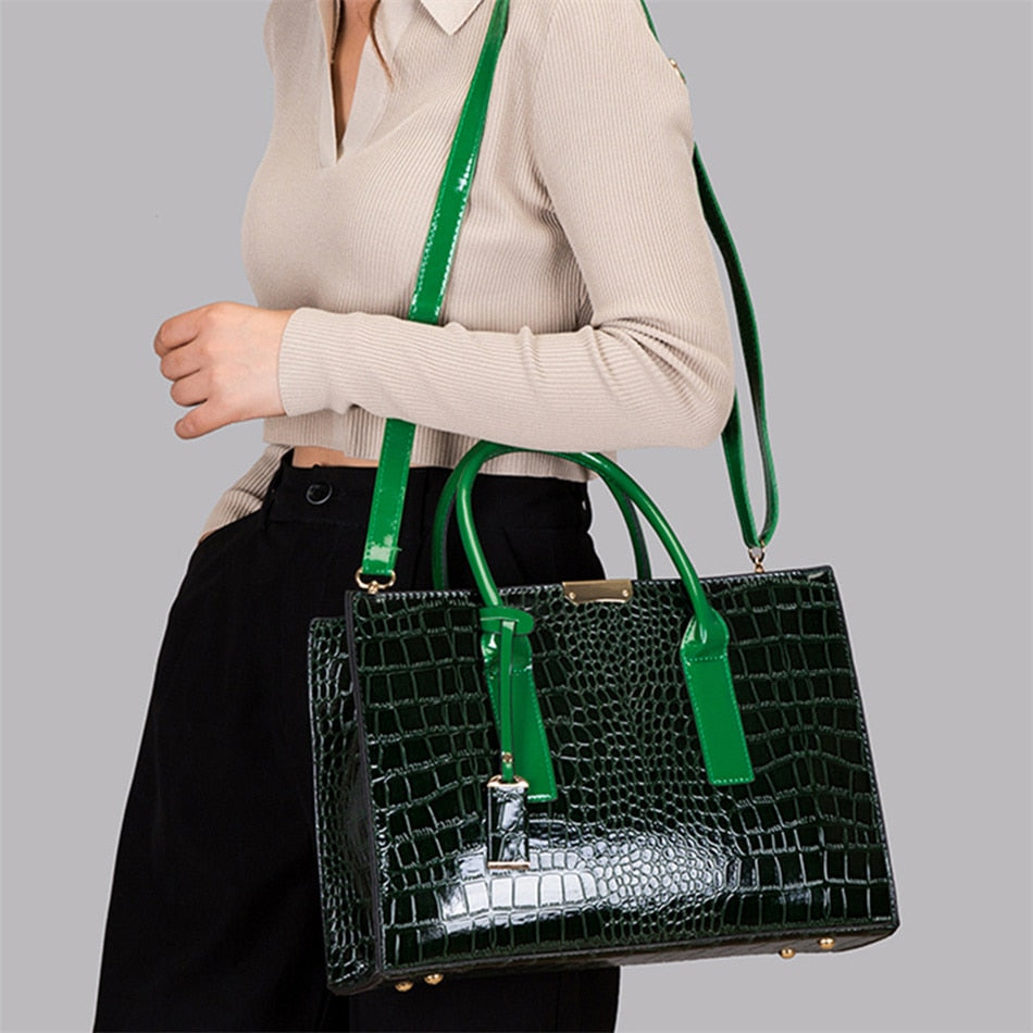 Women's Crocodile Embossed Vegan Leather Tote Bag, Large Capacity Shoulder Bag