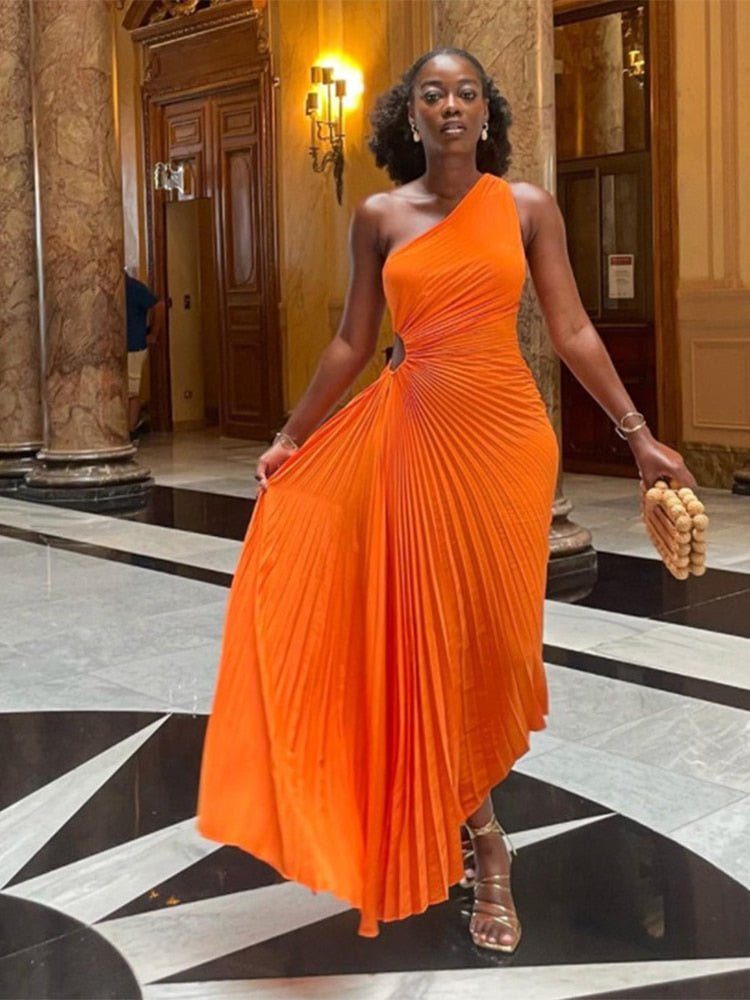 orange dress womens Kbodiu Summer Wedding Guest Dresses for Women 2023 Solid One Shoulder Sleeveless Party Cocktail Long M Slide slit is optional to show off JNGSA Women's Sleeveless Dress Backless