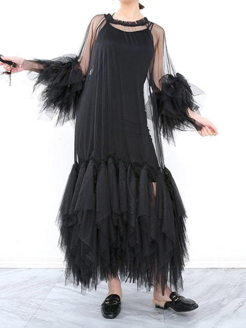 Three Quarter Sleeve Maxi Dress Women Black Ruffle Loose Fit Round Neck Plus Size Fashion