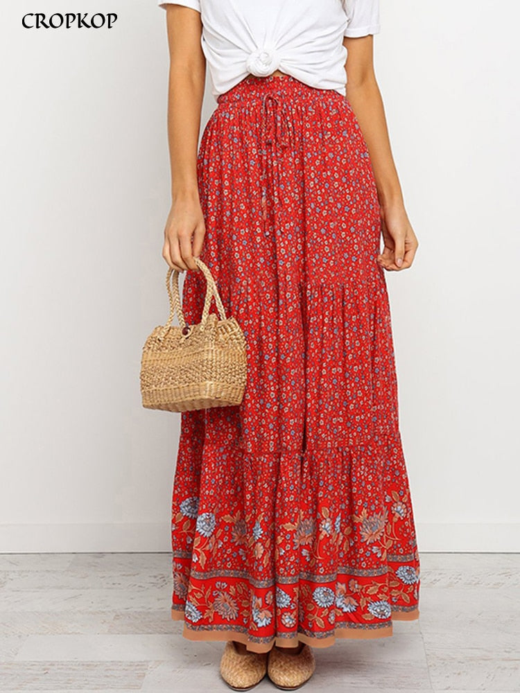 High Waist Boho Long Skirts for Women A-line Full Skirt Floral Print Drawstring Lace-Up Maxi Skirt