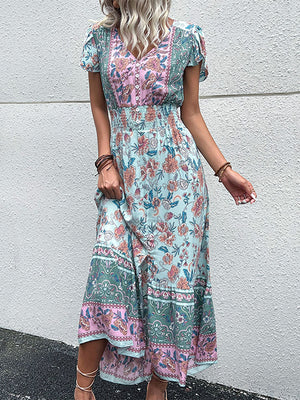 Vintage Floral Print Summer Dress V-Neck Slit Midi Boho Dresses