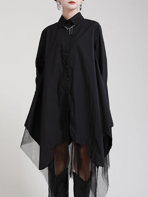Long Sleeve Lace Shirt Dress Women Black Irregular Hem Loose Fit Plus Size Casual Fashion