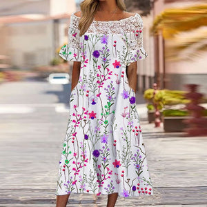 Women's Lace Slash Neck Patchwork Short Sleeve Dress Stylish Floral Print Off Shoulder Beach Dress