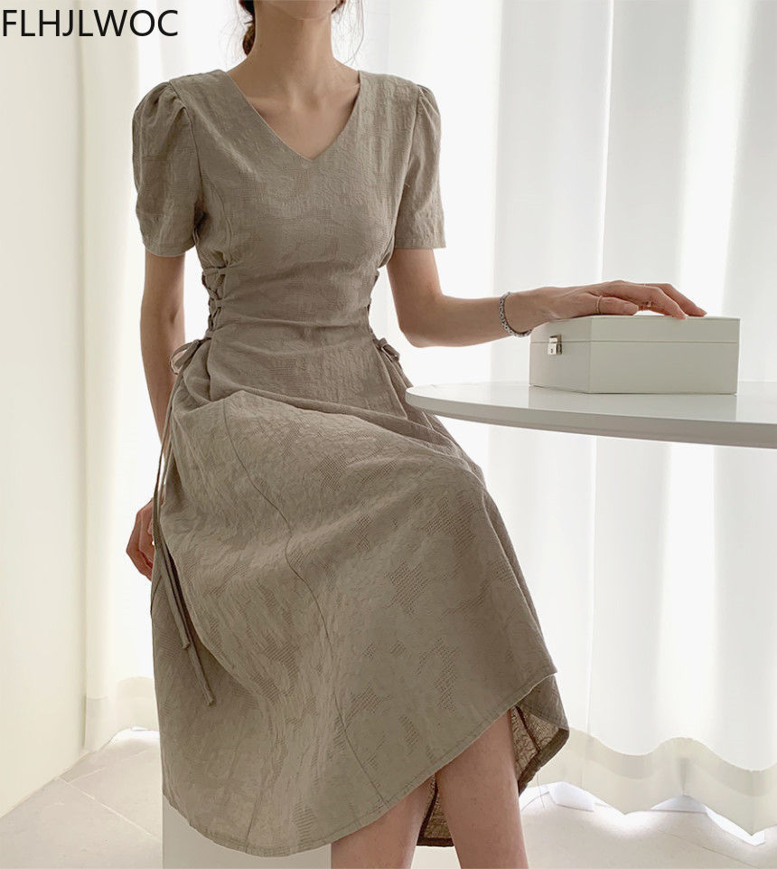 Cotton Linen Summer Midi Dress for Women Slim Waist A Line Vintage Cute Dress
