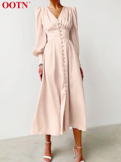 Long Sleeve Button Down Midi Dress Women Elegant Beige V-Neck High Slit Casual Work Cocktail