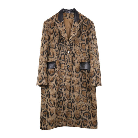Snake Print PU Vegan Midi Coat Women Brown Spliced Elegant Casual Outerwear Fashion