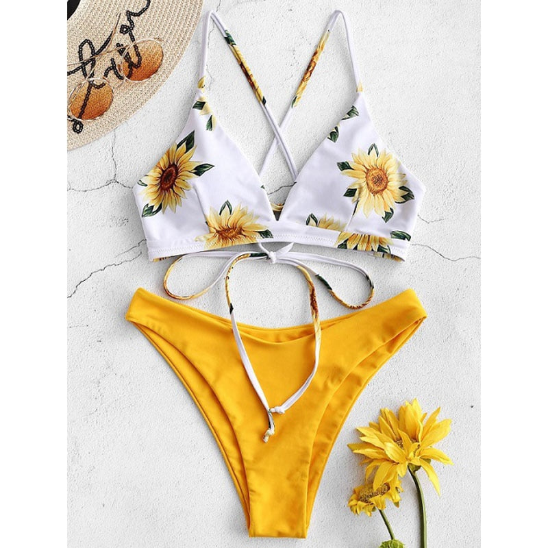 Sexy Bikini Set Flower Print Swimwear Push Up Padded Bathing Suit