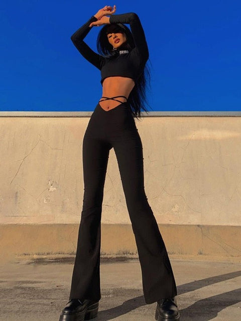 Lace-Up V-Waist Pants Women Stretchy Casual Chic Streetwear Fashion Trousers
