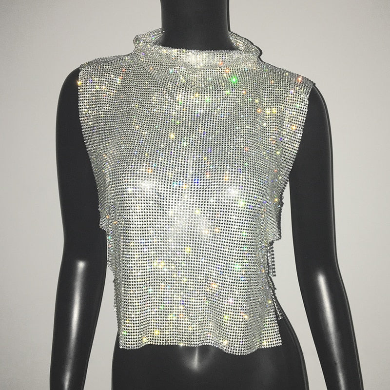 Sexy Rhinestone Crop Top Glitter Turtleneck Sparkly Shirt