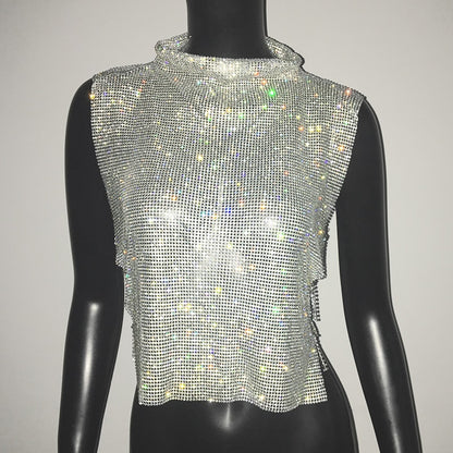 Sexy Rhinestone Crop Top Glitter Turtleneck Sparkly Shirt