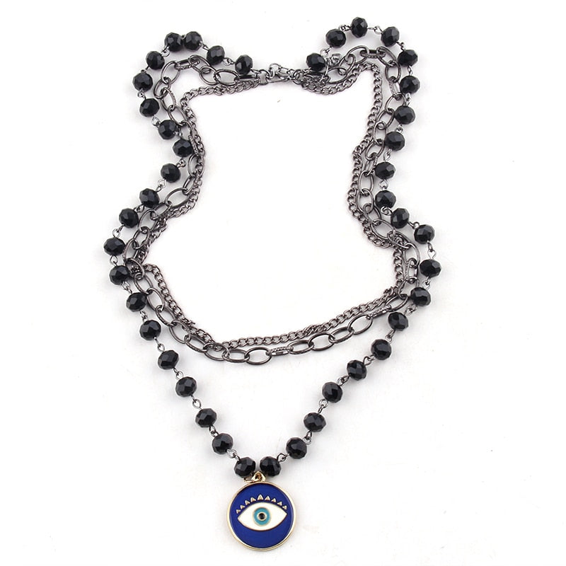 Multiple Black Glass Rosary  Link & Chain Cross Pendant Necklaces