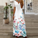 Women's Summer Short Sleeve V Neck Dress Casual Floral Print Loose Lace Patchwork Beach Dress