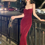Slim Women's Elegant Spaghetti Strap Evening Party Midi Dress