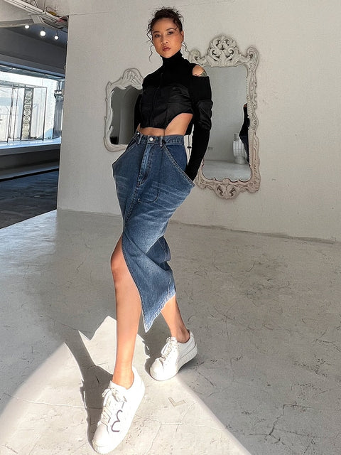 High Waist Straight Split Midi Skirt Women Solid Streetwear Casual Elegant Fashion