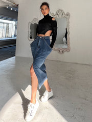 High Waist Straight Split Solid Streetwear Midi Skirts