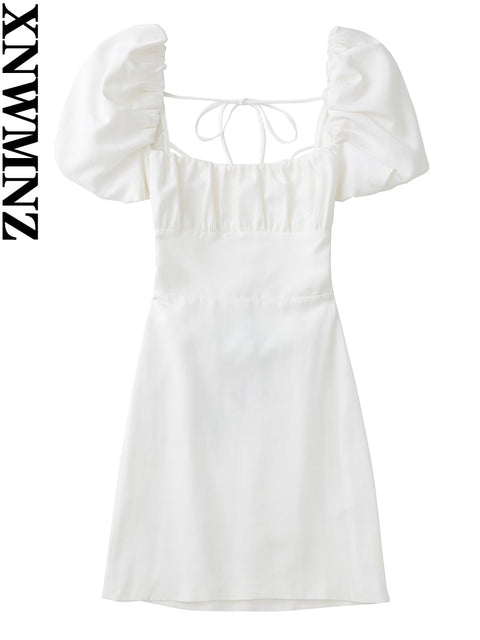 Linen Blend Backless Midi Dress Women Square Neck Short Sleeve Casual Summer Fashion Dress