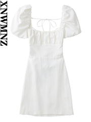Women's Linen Blend Dress Square Neck Short Sleeve Backless Dress