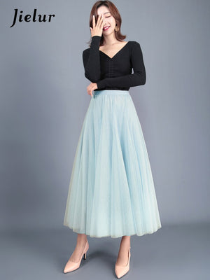 French Mesh Asymmetrical Skirt Tulle Dress High Waist Pleated Elegant Loose Skirt