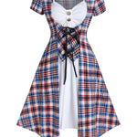 Plaid 2 In 1 Short Sleeve Short Dress Lace Up Faux Twinset Dress