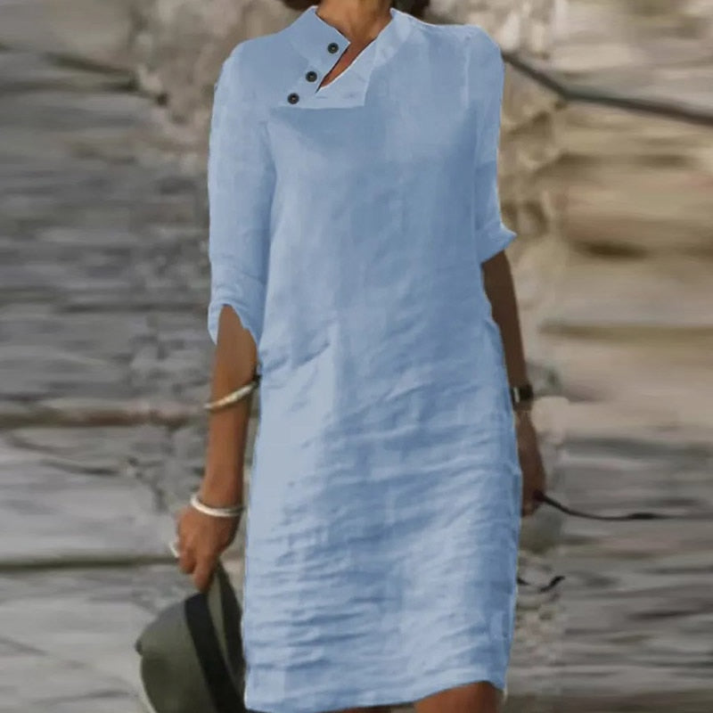 Cotton Linen A-Line Mini Dress Women Skew Button Vintage Casual Loose Cotton Linen A-Line Mini Dress Women Skew Button Vintage Casual Loose