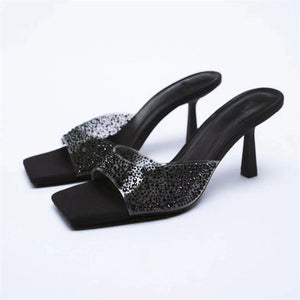 Woman's Rhinestone Square Toes High Sandals Bling Heels Shoes