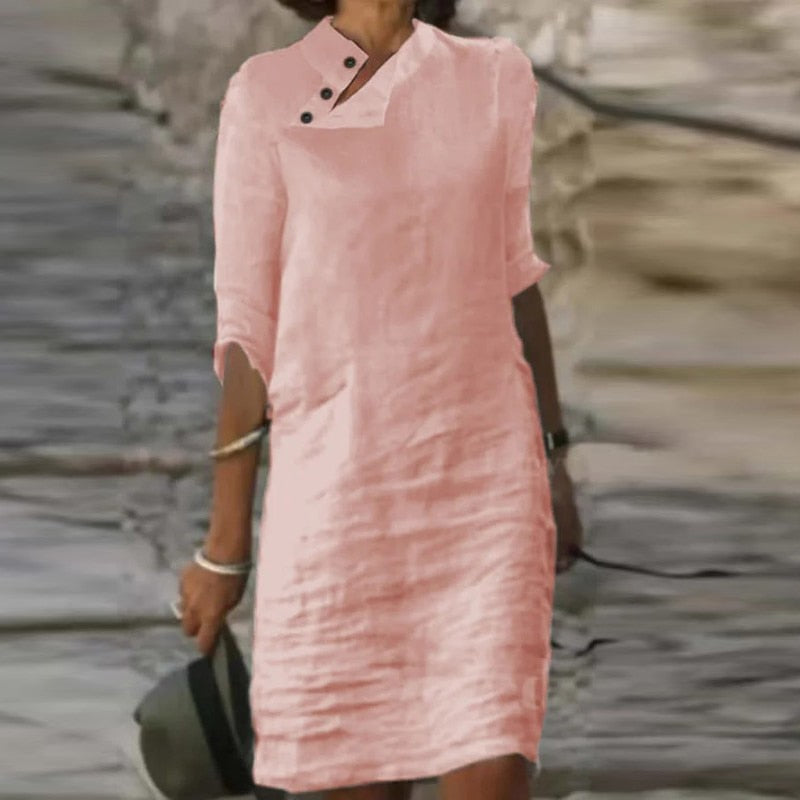 Cotton Linen A-Line Mini Dress Women Skew Button Vintage Casual Loose Cotton Linen A-Line Mini Dress Women Skew Button Vintage Casual Loose