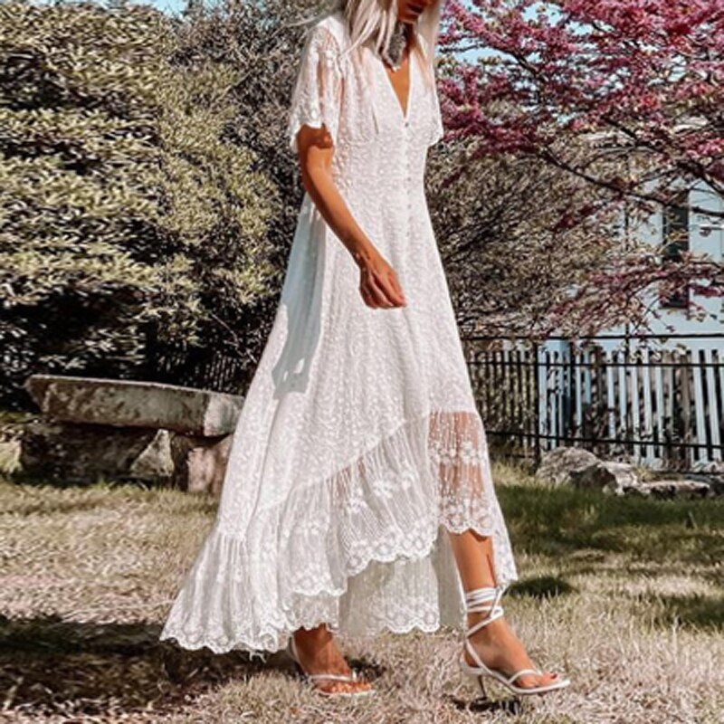 Boho White Lace Dress, Bohemian Floral Lace Rustic Maxi Wedding Dress