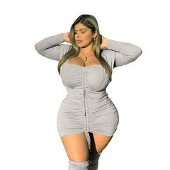 Plus Size Women's V-Neck Bodycon Dress Long Sleeve Sexy Above Knee Mini Dress