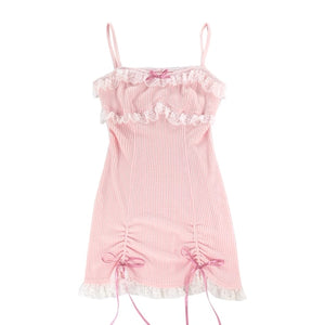 Lolita Dress Pink Lace Bow Spaghetti Strap Mini Dress