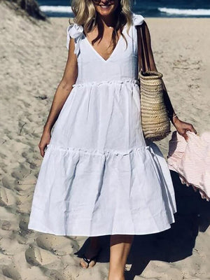 Bohemian Summer Dress, Ruffled V Neck Sleeveless Beach Wedding Dress