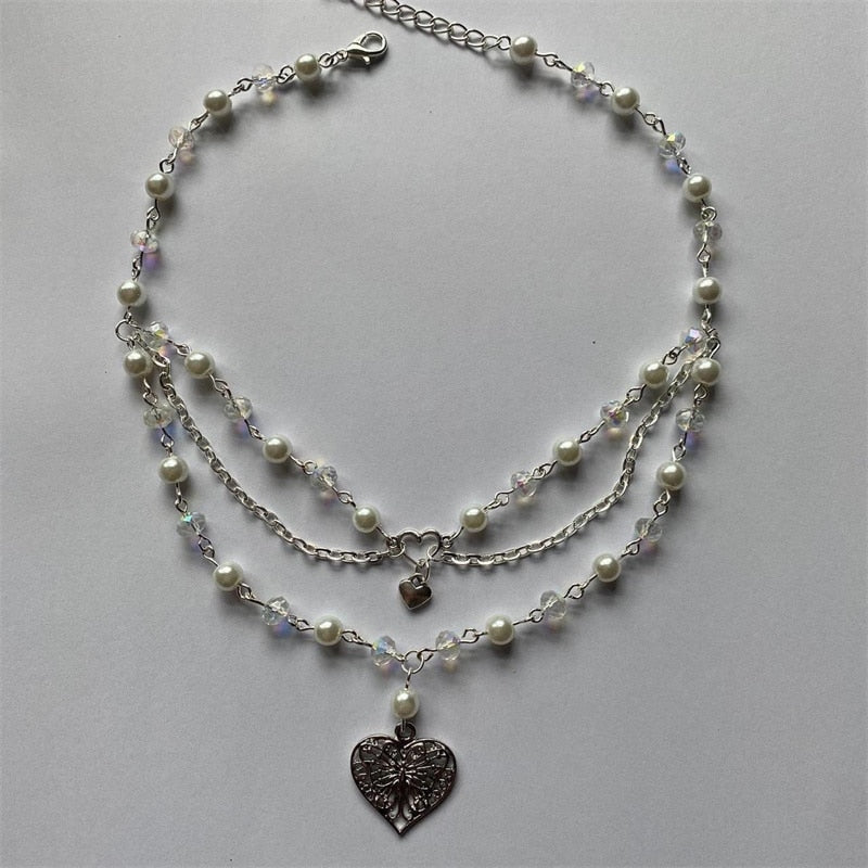 Pearls Butterfly Heart Choker Necklace