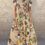 Women's Vintage Floral Long Summer Dress Boho Casual Loose Short Sleeve Dress Plus Sizes