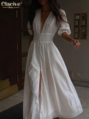 Women's White Long Dress Elegant Puff Sleeve V-Neck Dress with Buttons