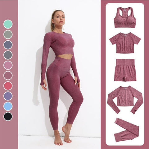High Waist Yoga Set Women 2-Piece Long Sleeve Crop Top Leggings Gym Workout Fitness Fashion