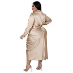 Plus Size Elegant Satin Dress Sexy Ruched Button Down Midi Dress