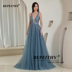 Elegant V Neck Gray Blue Prom Evening Dress Backless Sleeveless Long Gown