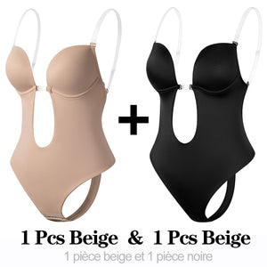 Women Backless Bra Body Shapewear Seamless U Plunge Slimming Bodysuit