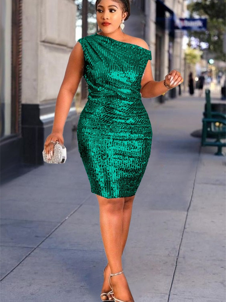 Plus Size Sequin Dress Club Wear Bodycon One Shoulder Sleeveless Dress