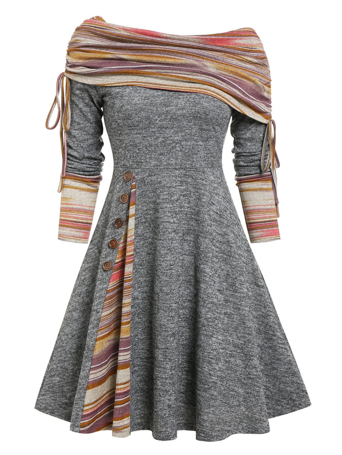 Party Dress Convertible Neck Cinched Striped Flare Long Sleeve Dress Plus Size