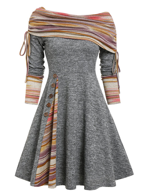Plus Size Striped Flare Long Sleeve Dress Women Convertible Neck Cinched Party Fashion