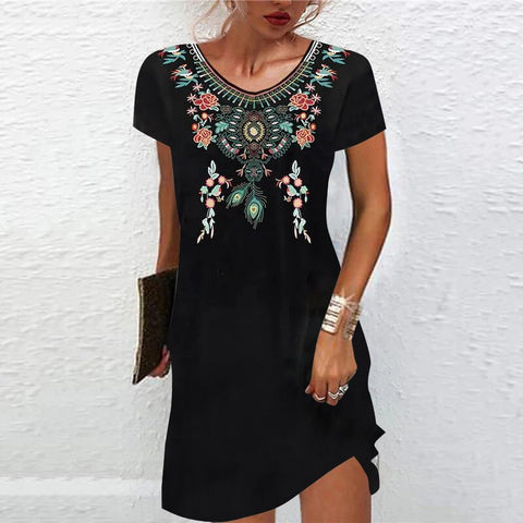 Floral Print Summer Dress Women Short Sleeve Round Neck Casual Beach Vacation Fashion Dress