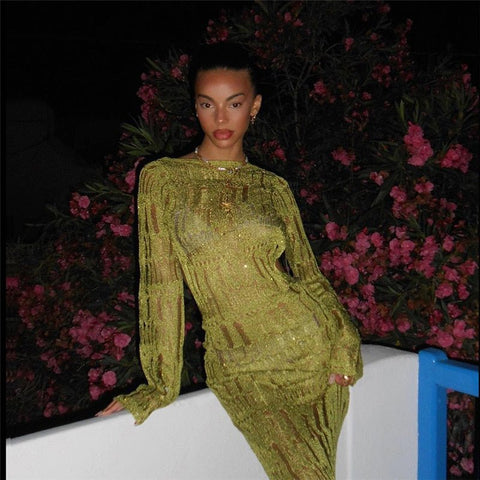 Long Sleeve Hollow Out Maxi Dress Women Backless Slash Neck Club Party Elegant Fashion Dress