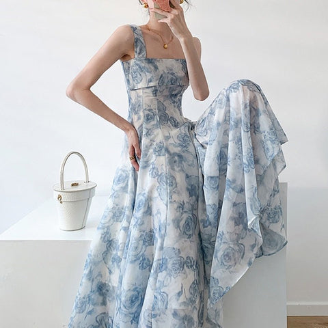 Floral Printed Fairycore Midi Dress Women Elegant Spaghetti Strap Slim Casual Fashion Dress