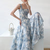 Elegant Fairycore Spaghetti Strap Slim Floral Print Midi Dress