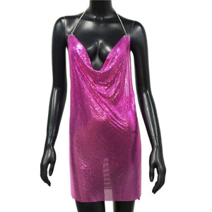 High Fashion Sexy Short Backless Metal Mesh Split Shiny Dress