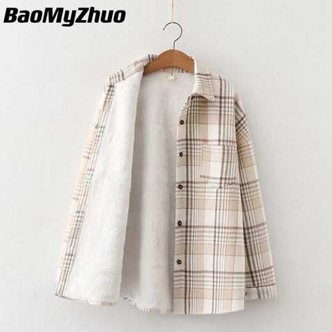 Velvet Plaid Flannel Jacket Women Thick Soft Warm Vintage Casual Fall Outerwear Fashion