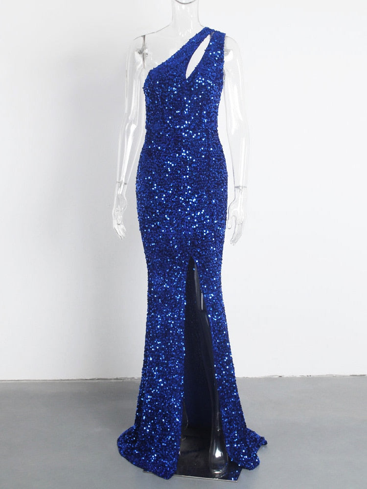 Shiny Royal Blue Hollow Out Velvet Cocktail Gown