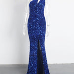 Shiny Royal Blue Hollow Out Velvet Cocktail Gown